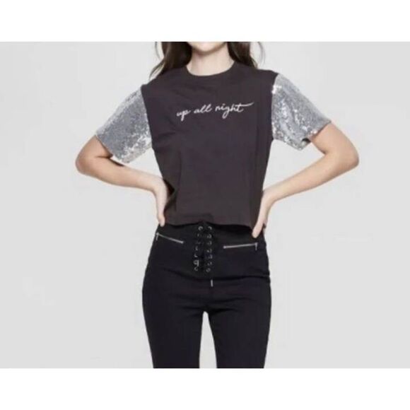 MIGHTY FINE SILVER & BLACK SEQUIN ARM CROP T-SHIRT SZ.XS EUC - Picture 1 of 5
